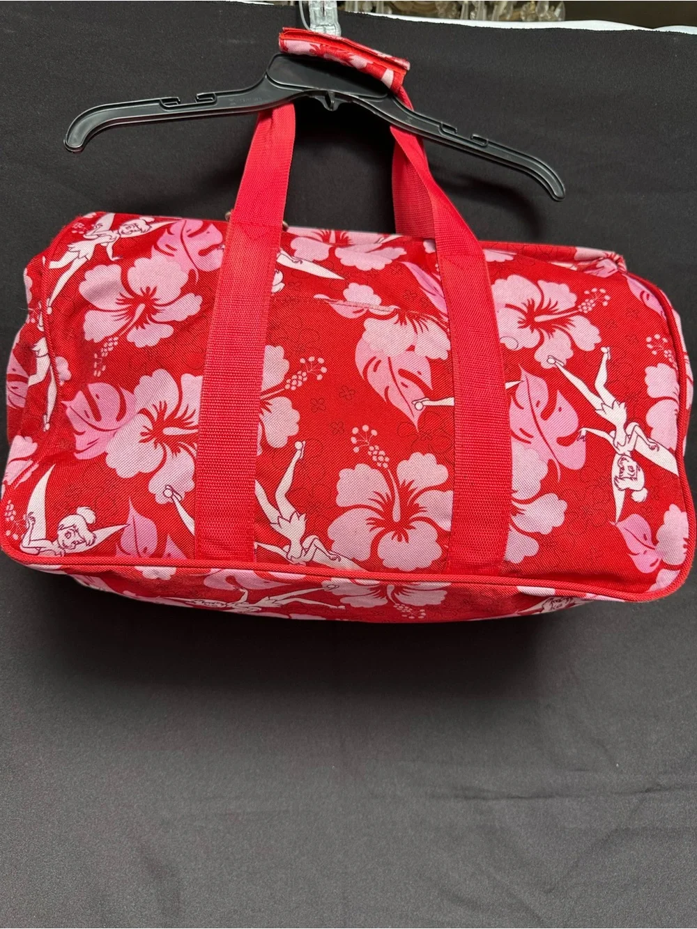 DISNEY TRADER JOE’S PRINT TINKER BELL DUFFEL TRAVEL BAG HAWAIIAN HIBISCUS FLORAL